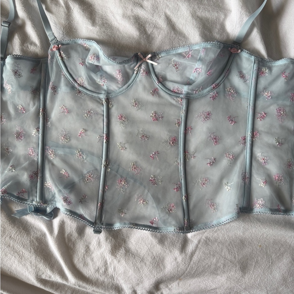 SKIMS Spring intimates Sheer Embroidered Corset Top in Light Blue pink florals - Picture 6 of 9